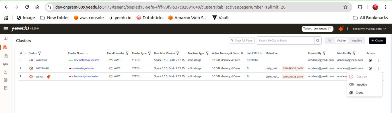 Actions on clusters