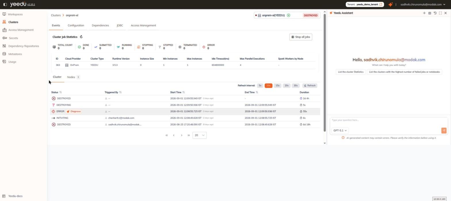 The Diagnose button revealed on an ERROR row of the cluster Events table