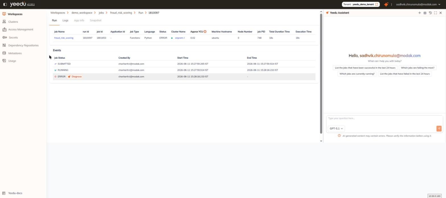 The Diagnose button revealed on an ERROR row of the run detail Events table