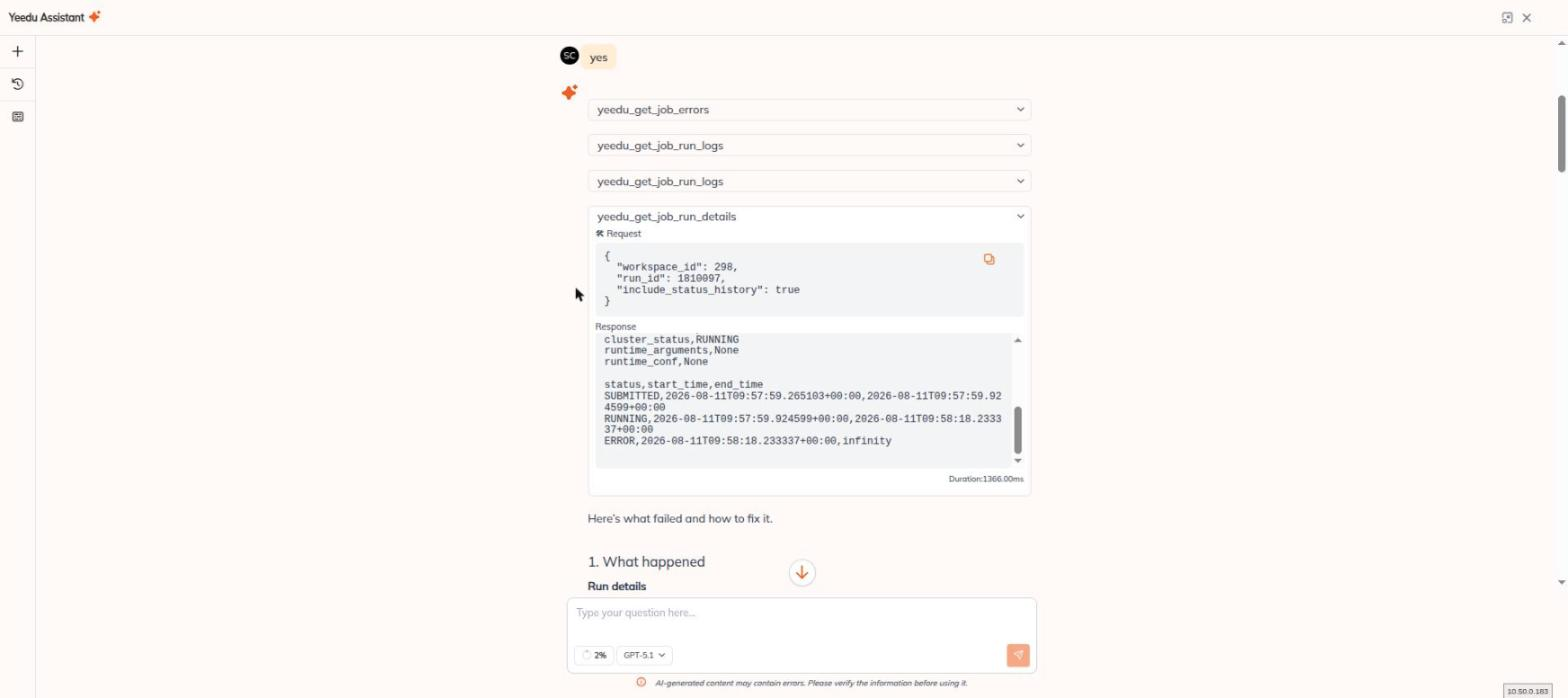 An expanded tool-call card showing the Request JSON, the Response body and the call duration