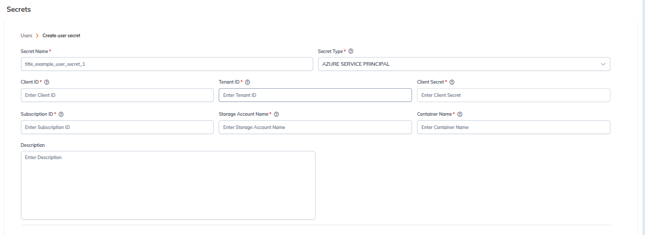 Azure Service Principal secret form