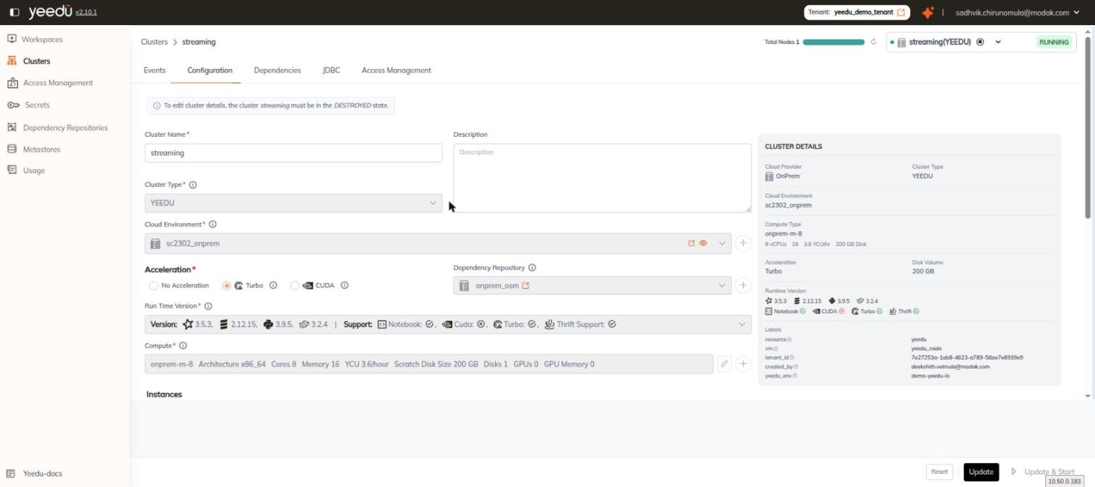 Cluster Configuration tab showing the edit form and the CLUSTER DETAILS panel