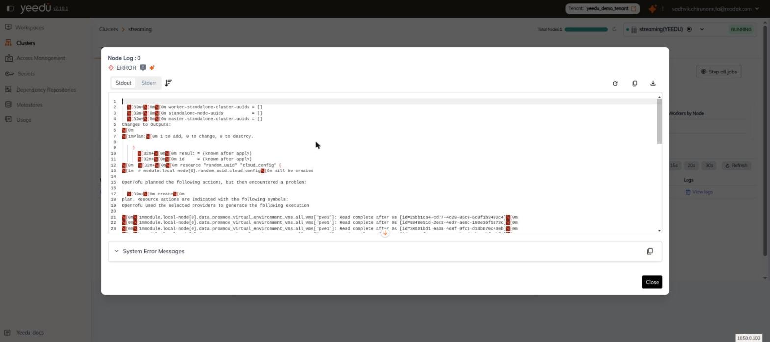 Node Log dialog showing the Stdout and Stderr toggle, the log body with line numbers, and the System Error Messages panel