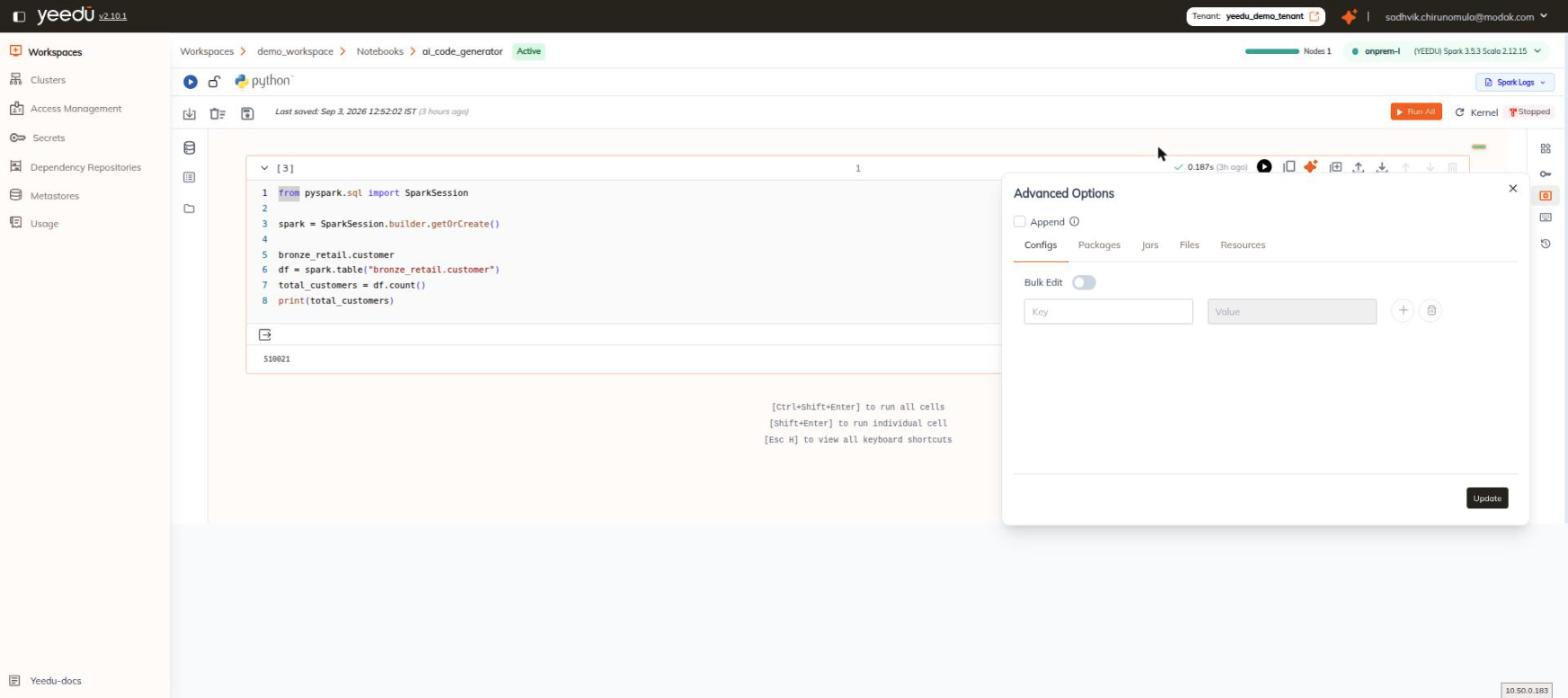 Advanced Options panel, Configs tab