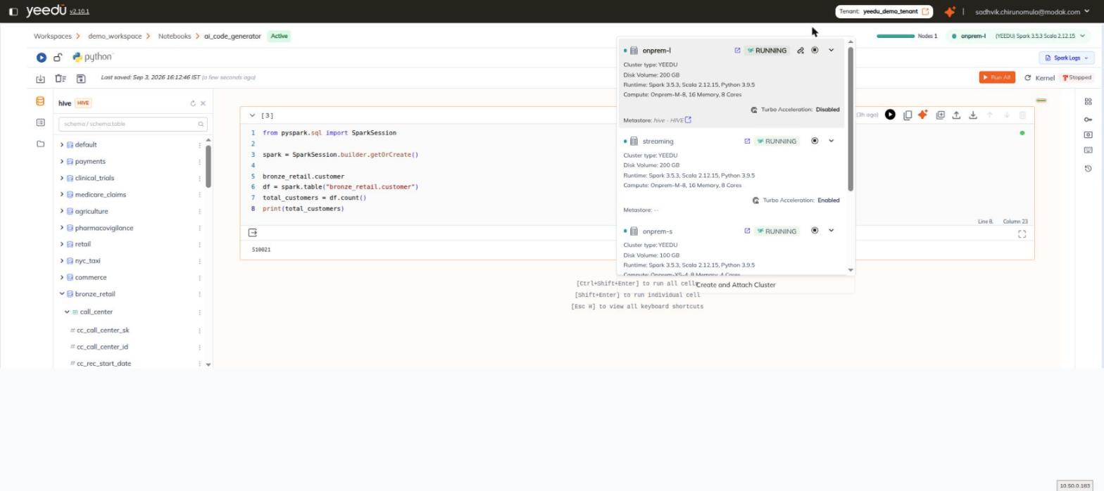 Notebook cluster attach dropdown with cards expanded