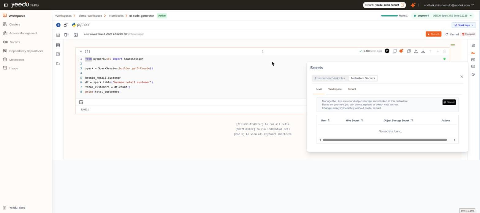 Secrets panel, Metastore Secrets sub-tab