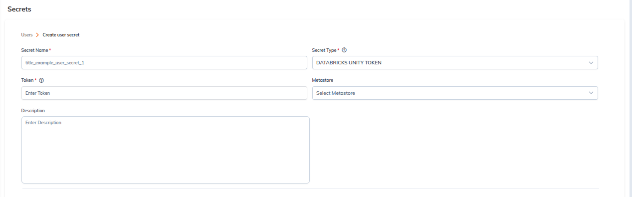 Databricks Unity token secret form