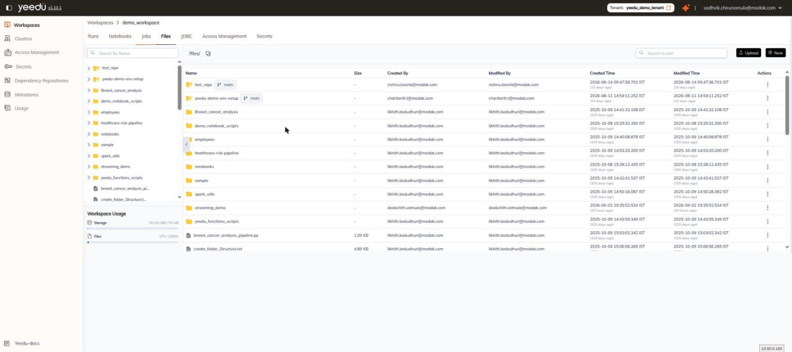 Workspace Files grid showing Git-tracked folders with a marked folder icon and a main branch chip next to regular folders