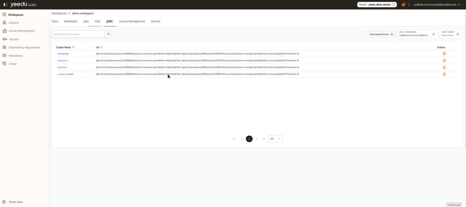 Workspace JDBC tab with the Download Drivers button, JDBC USERNAME and JDBC TOKEN cards, and the cluster URL table