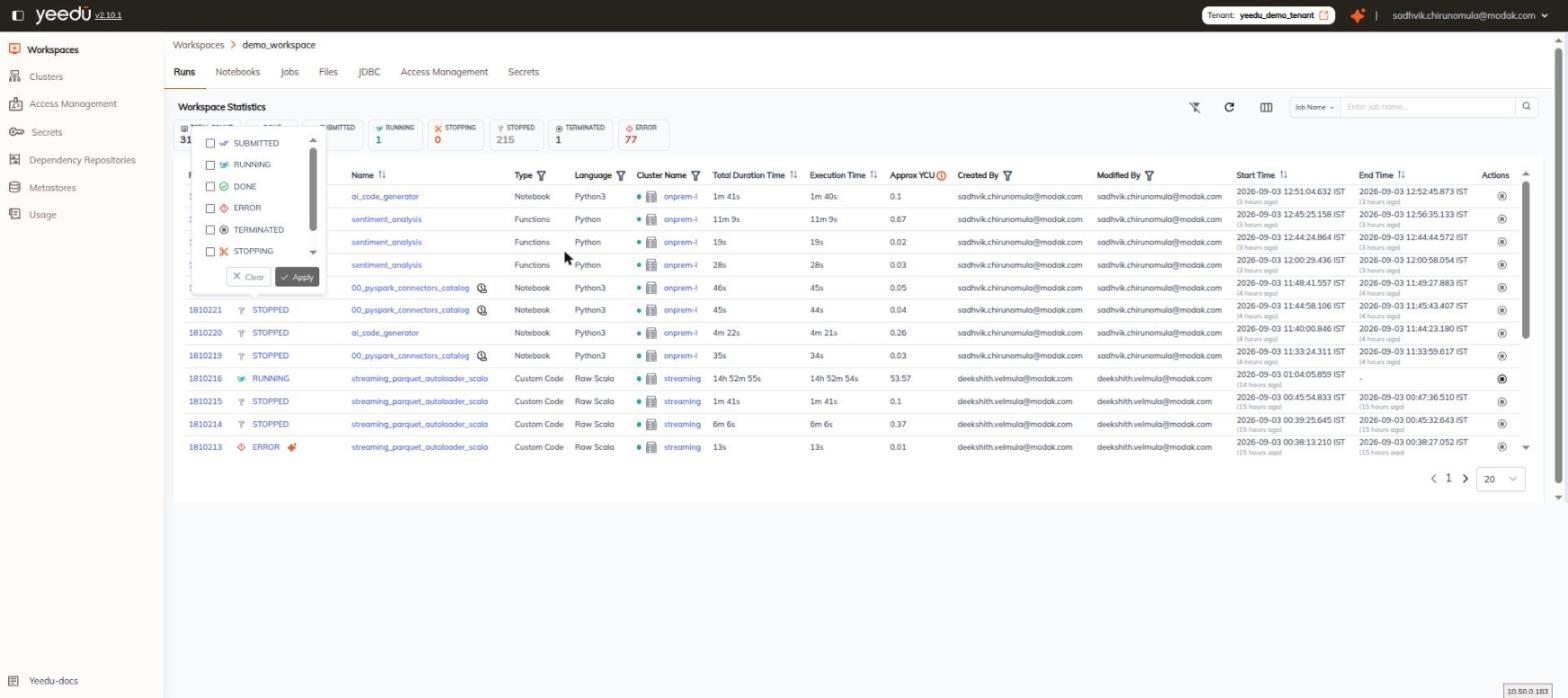 Status filter popover on the Runs table, showing the checkbox list with Clear and Apply buttons